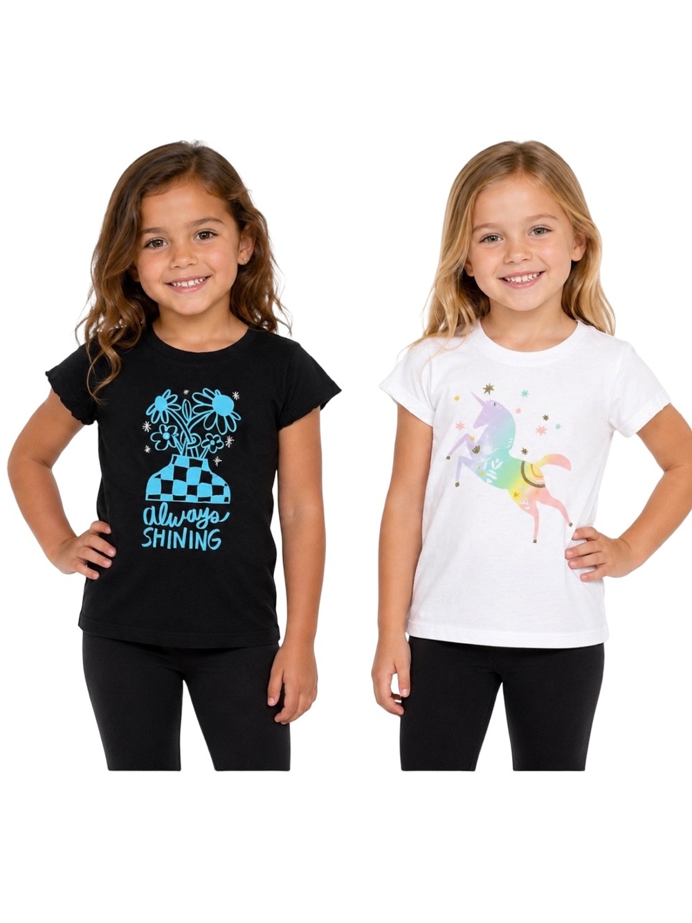 Girls' Black Tee with Blue Graphic + White Tee with Pastel Unicorn